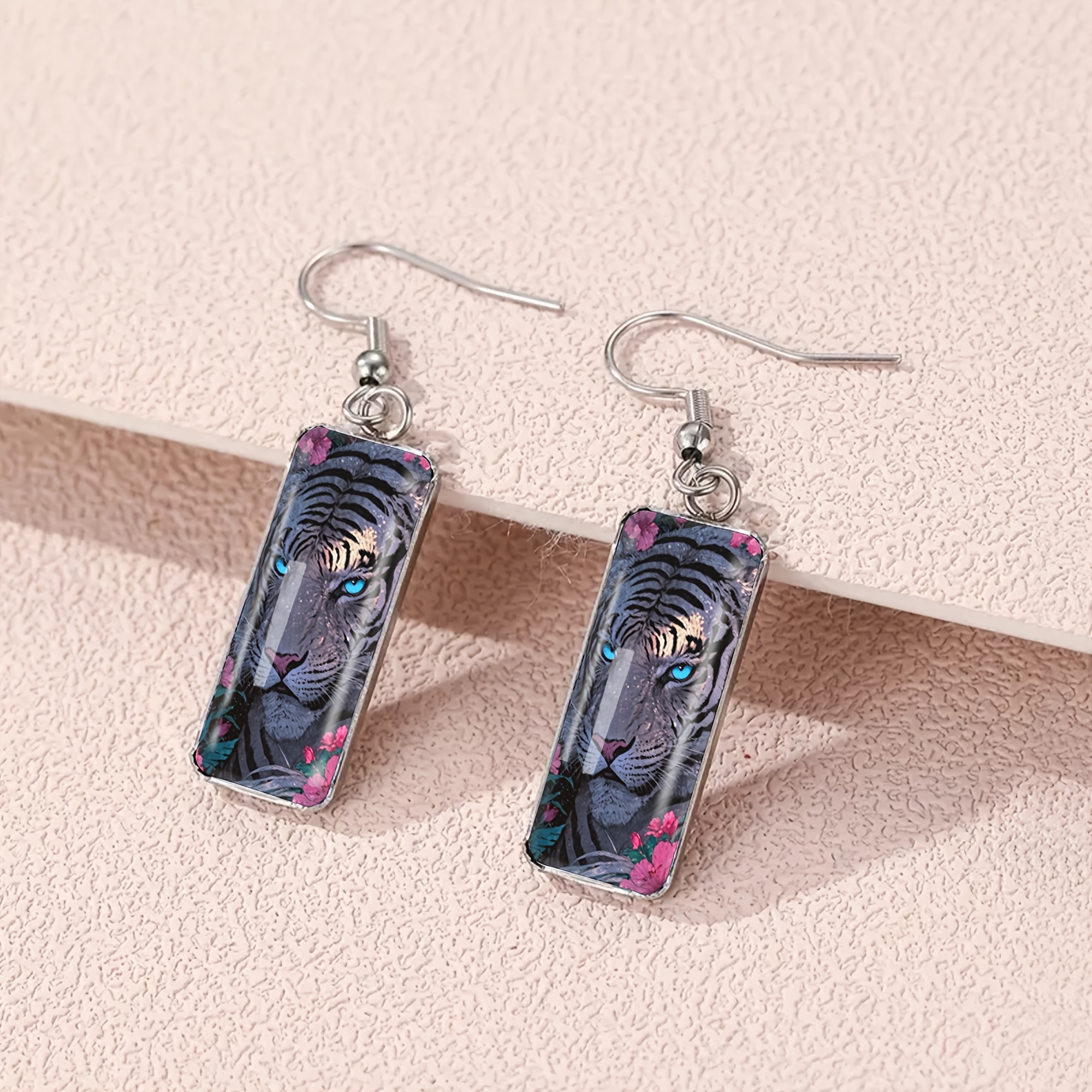 Dark Purple Tiger Floral Pattern Long Bar Earrings